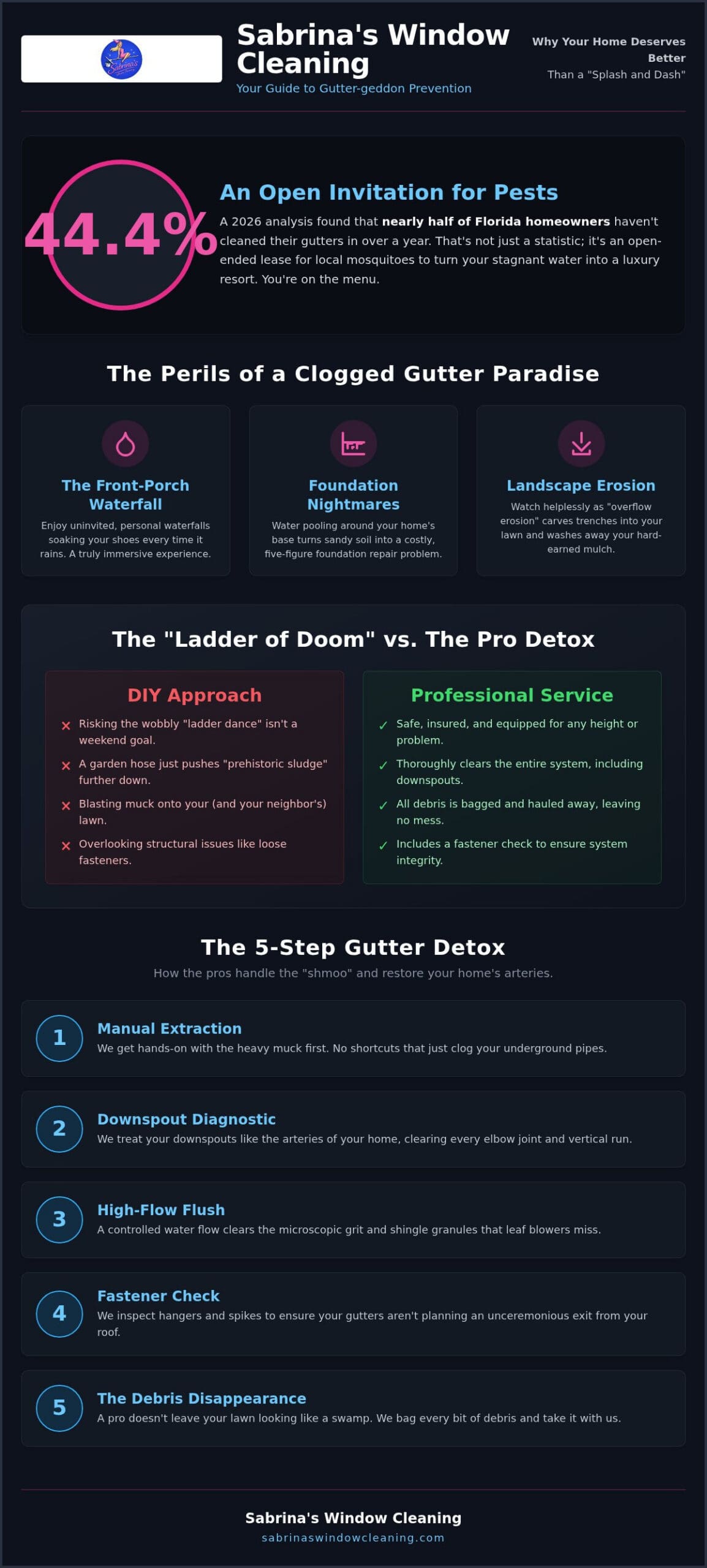 Infographic about gutter cleaning hazards and steps